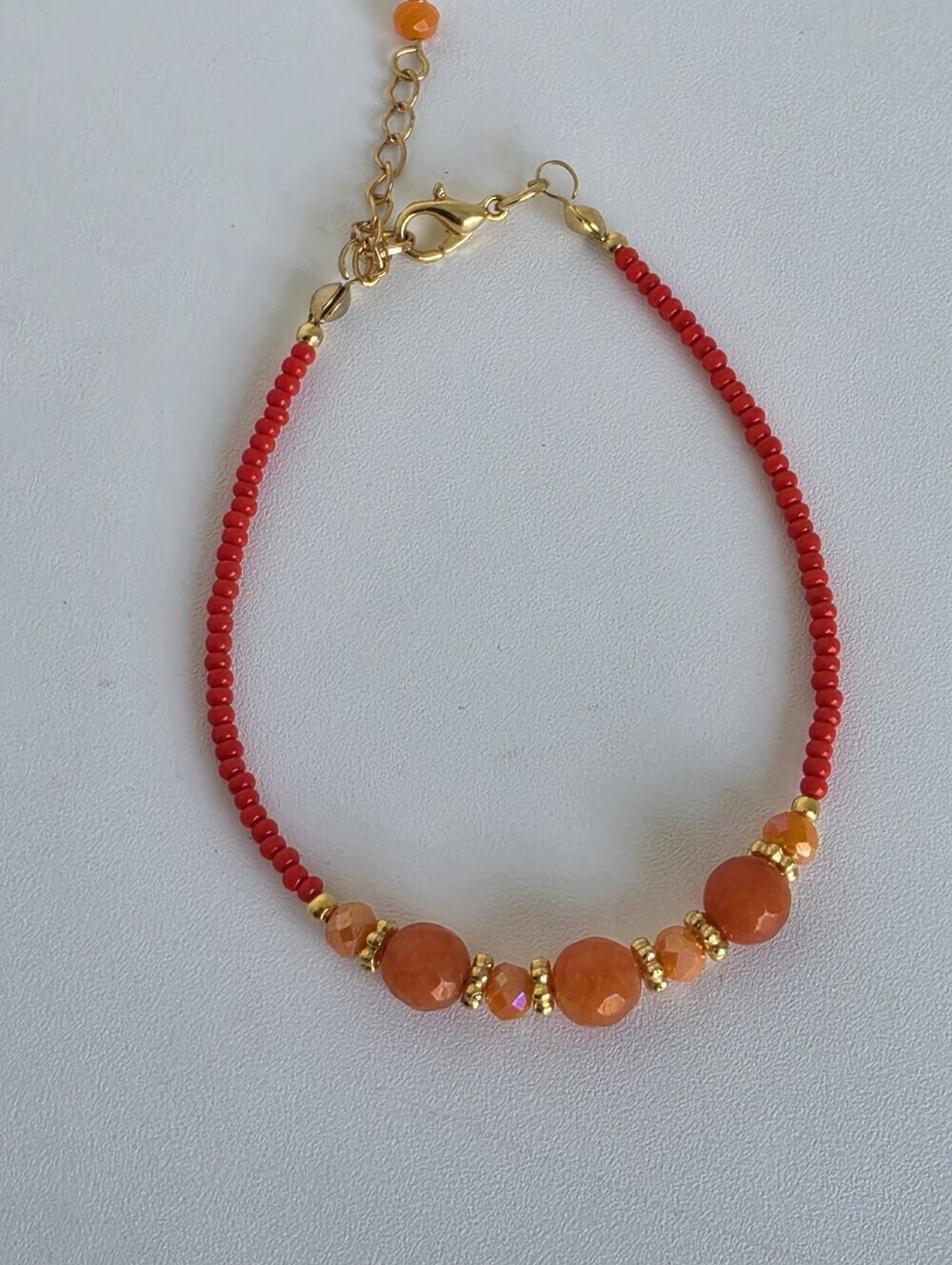 Orange Agate Beaded Bracelet Red Seed Beads Gold Plated Handmade 7"+2" - Picture 3 of 8